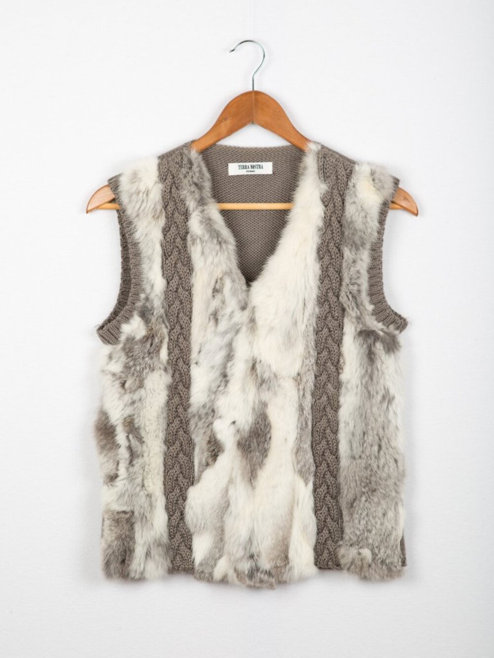 Terra Nostra Real Rabbit Fur and Knit Sleeveless Vest Grey Size S